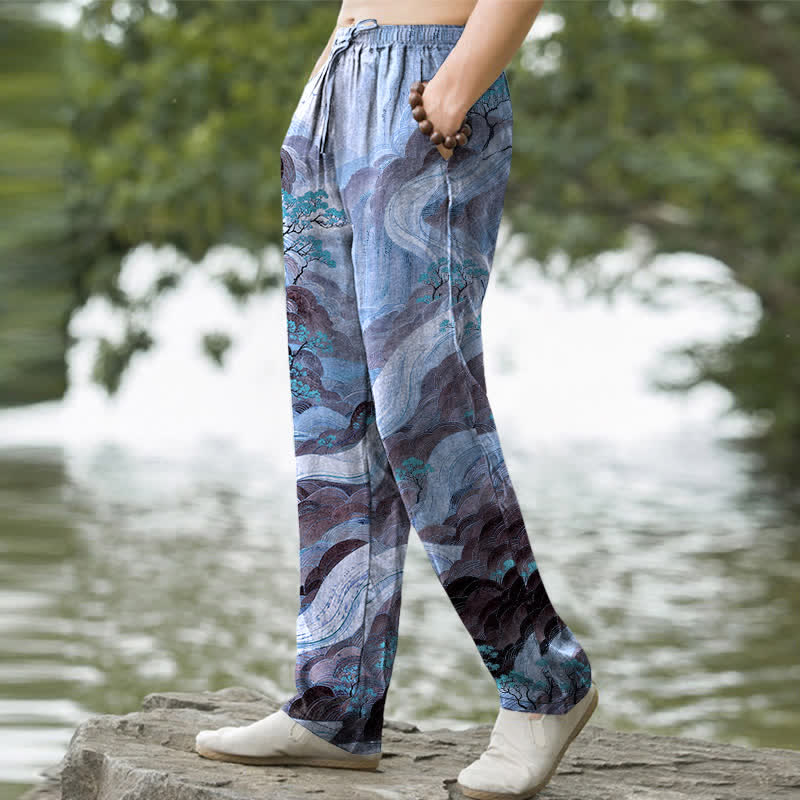 Buddha Stones Pantalon fuselé pour homme en coton à motif floral montagne et rivière, avec poches - image 5