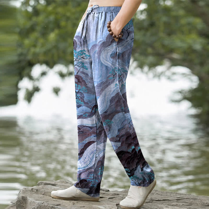 Buddha Stones Pantalon fuselé pour homme en coton à motif floral montagne et rivière, avec poches - image 5