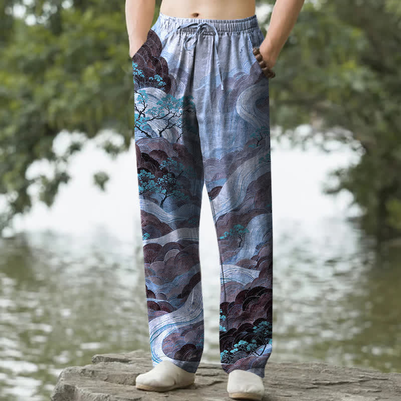 Buddha Stones Pantalon fuselé pour homme en coton à motif floral montagne et rivière, avec poches - Bleuet - US/UK/AU50，EU60 (5XL) - image 4