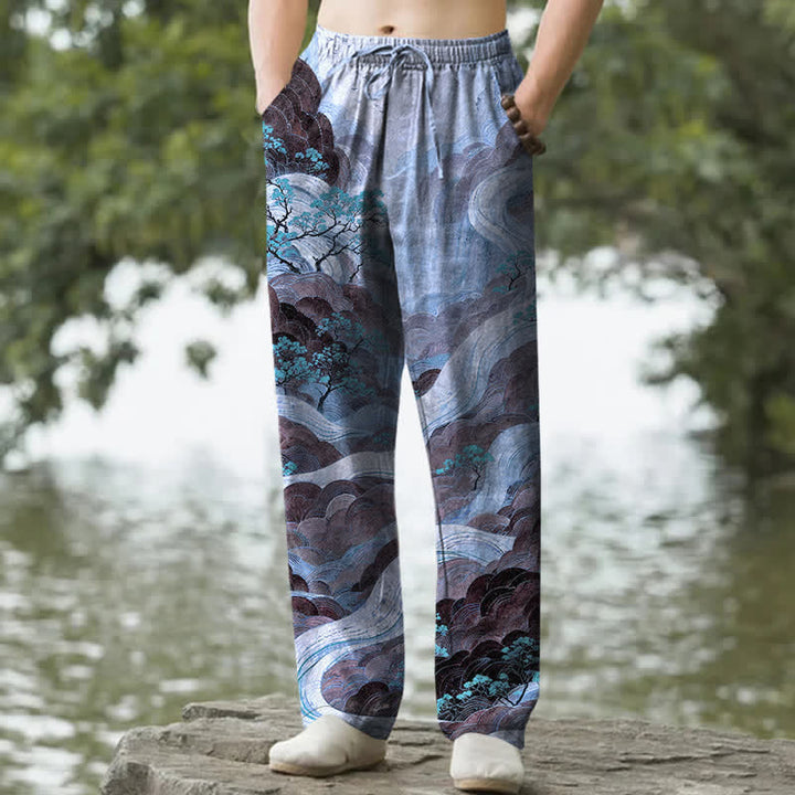 Buddha Stones Pantalon fuselé pour homme en coton à motif floral montagne et rivière, avec poches - Bleuet - US/UK/AU50，EU60 (5XL) - image 4