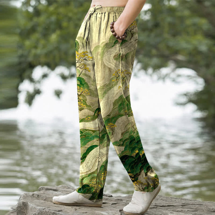 Buddha Stones Pantalon fuselé pour homme en coton à motif floral montagne et rivière, avec poches - image 7