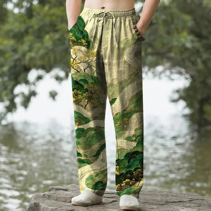 Buddha Stones Pantalon fuselé pour homme en coton à motif floral montagne et rivière, avec poches - JauneVert - US/UK/AU50，EU60 (5XL) - image 6
