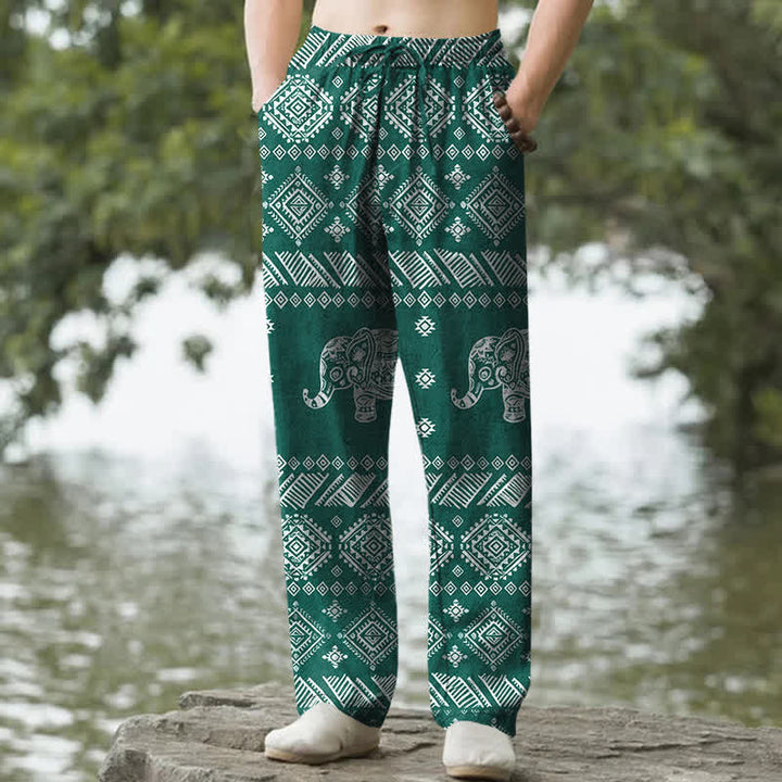 Buddha Stones Pantalon fuselé pour homme en coton à motif tribal éléphant, avec poches - DarkCyan - US/UK/AU50，EU60 (5XL) - image 0