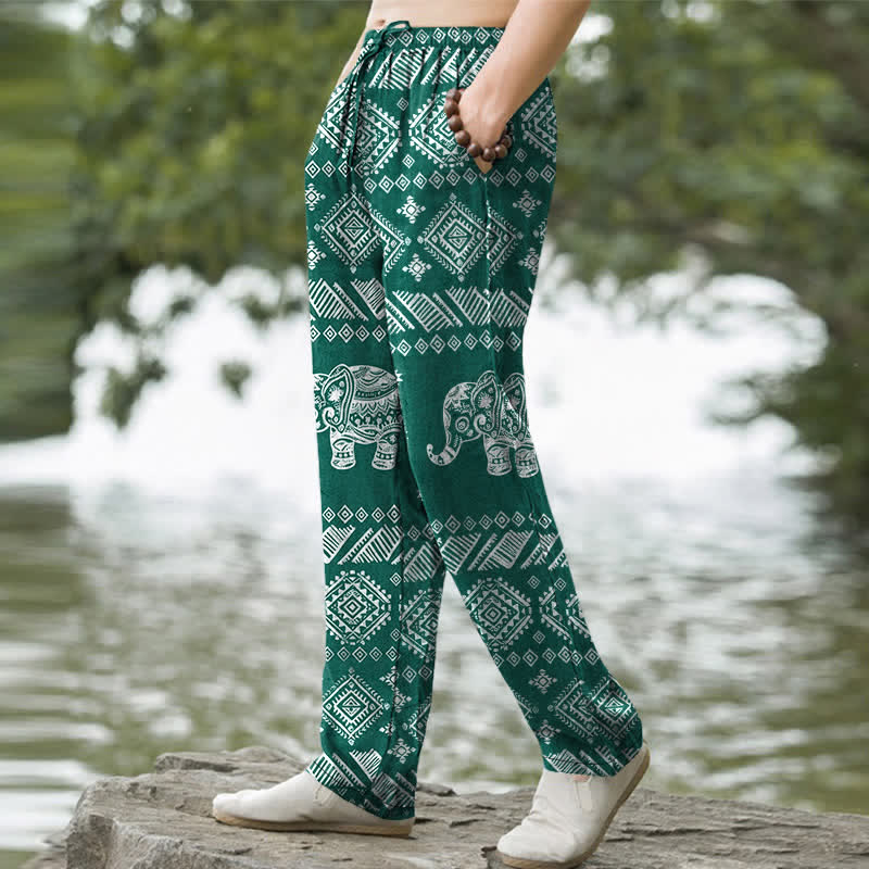 Buddha Stones Pantalon fuselé pour homme en coton à motif tribal éléphant, avec poches - image 1
