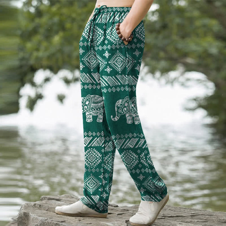 Buddha Stones Pantalon fuselé pour homme en coton à motif tribal éléphant, avec poches - image 1
