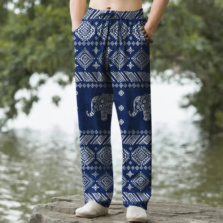 Buddha Stones Pantalon fuselé pour homme en coton à motif tribal éléphant, avec poches - Marine - US/UK/AU50，EU60 (5XL) - image 4