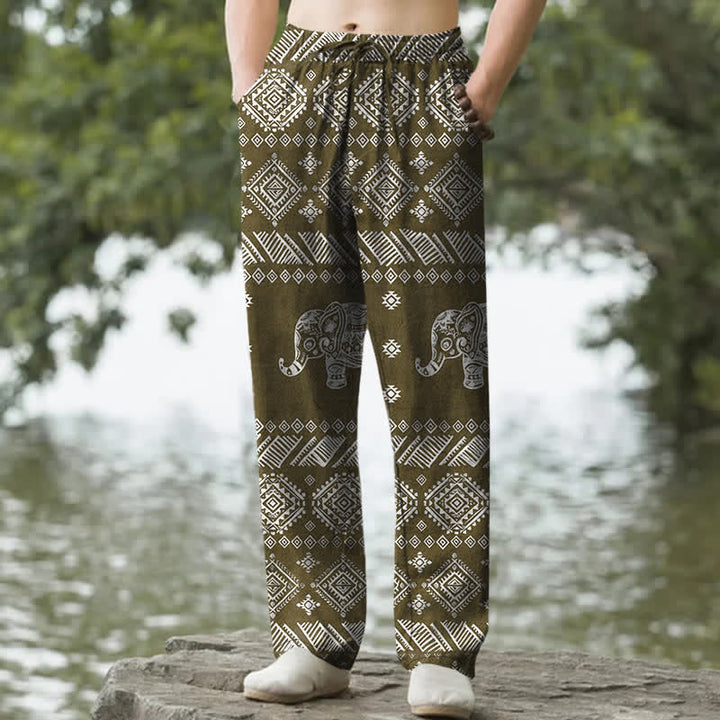Buddha Stones Pantalon fuselé pour homme en coton à motif tribal éléphant, avec poches - Olive - US/UK/AU50，EU60 (5XL) - image 6
