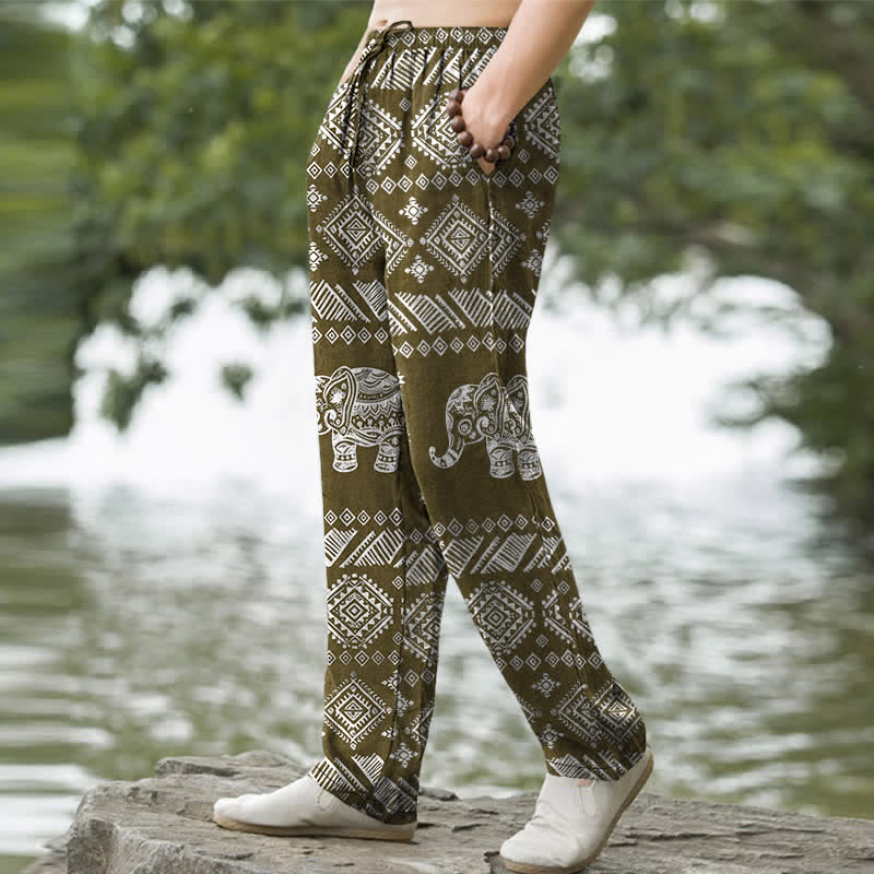Buddha Stones Pantalon fuselé pour homme en coton à motif tribal éléphant, avec poches - image 7