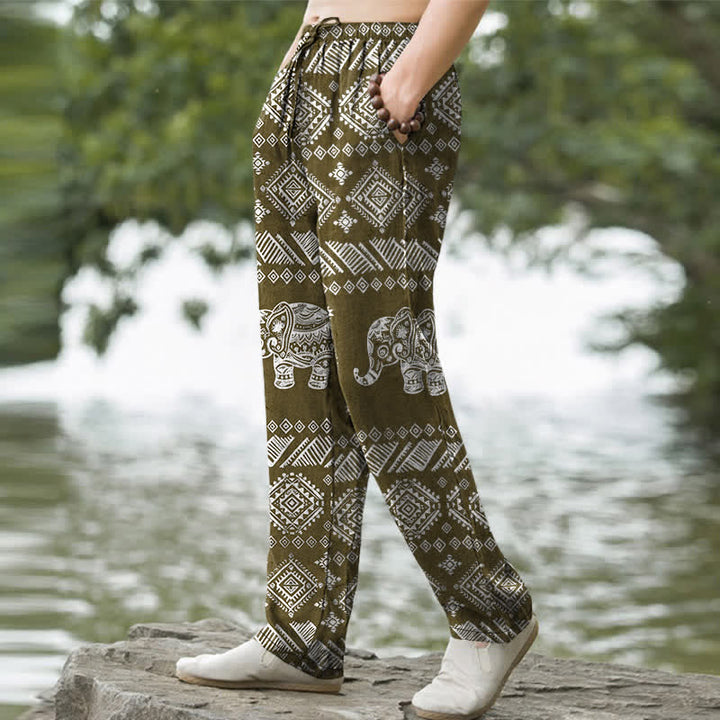 Buddha Stones Pantalon fuselé pour homme en coton à motif tribal éléphant, avec poches - image 7