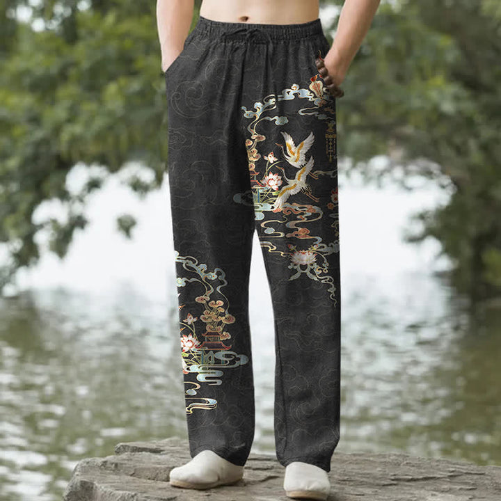 Buddha Stones Pantalon fuselé pour homme en coton, motif grue blanche, nuages ​​de bon augure et pavillon de lotus, avec poches - Noir - US/UK/AU50，EU60 (5XL) - image 0