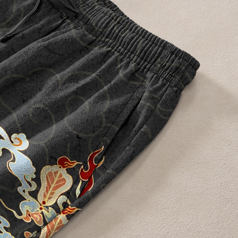 Buddha Stones Pantalon fuselé pour homme en coton, motif grue blanche, nuages ​​de bon augure et pavillon de lotus, avec poches - image 2