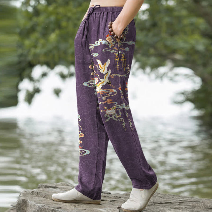 Buddha Stones Pantalon fuselé pour homme en coton, motif grue blanche, nuages ​​de bon augure et pavillon de lotus, avec poches - image 5
