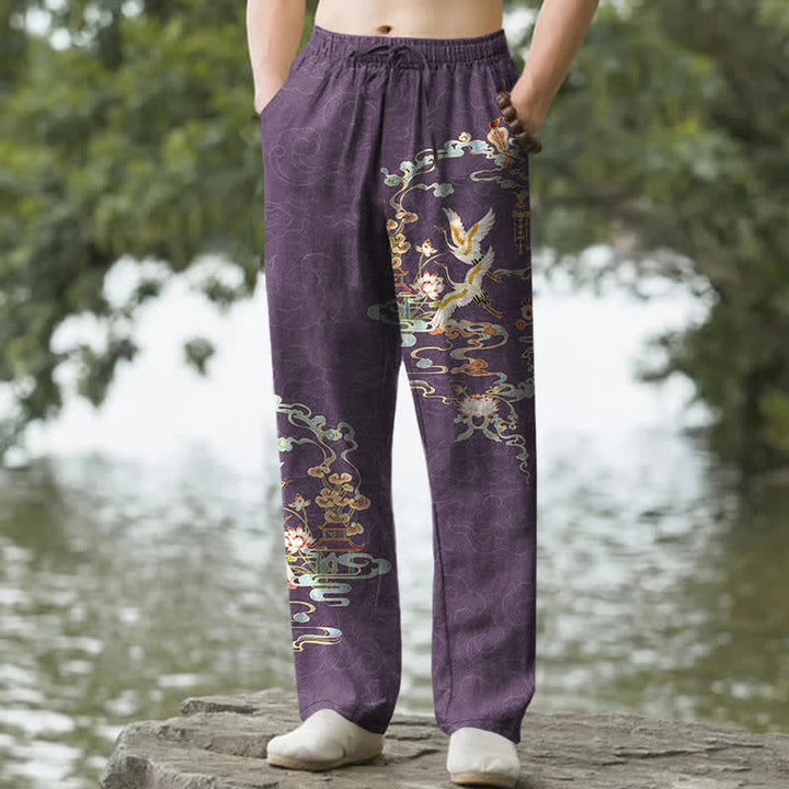 Buddha Stones Pantalon fuselé pour homme en coton, motif grue blanche, nuages ​​de bon augure et pavillon de lotus, avec poches - Orchidée moyenne - US/UK/AU50，EU60 (5XL) - image 4