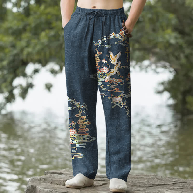 Buddha Stones Pantalon fuselé pour homme en coton, motif grue blanche, nuages ​​de bon augure et pavillon de lotus, avec poches - SteelBlue - US/UK/AU50，EU60 (5XL) - image 6