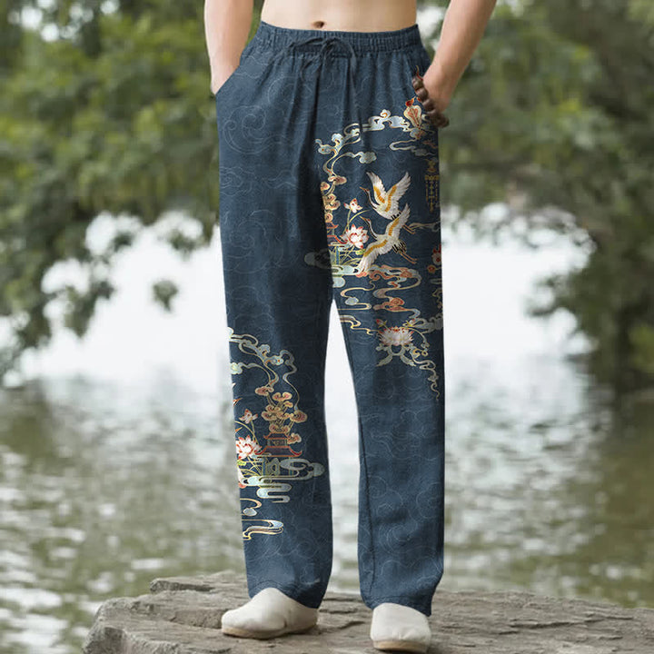 Buddha Stones Pantalon fuselé pour homme en coton, motif grue blanche, nuages ​​de bon augure et pavillon de lotus, avec poches - SteelBlue - US/UK/AU50，EU60 (5XL) - image 6