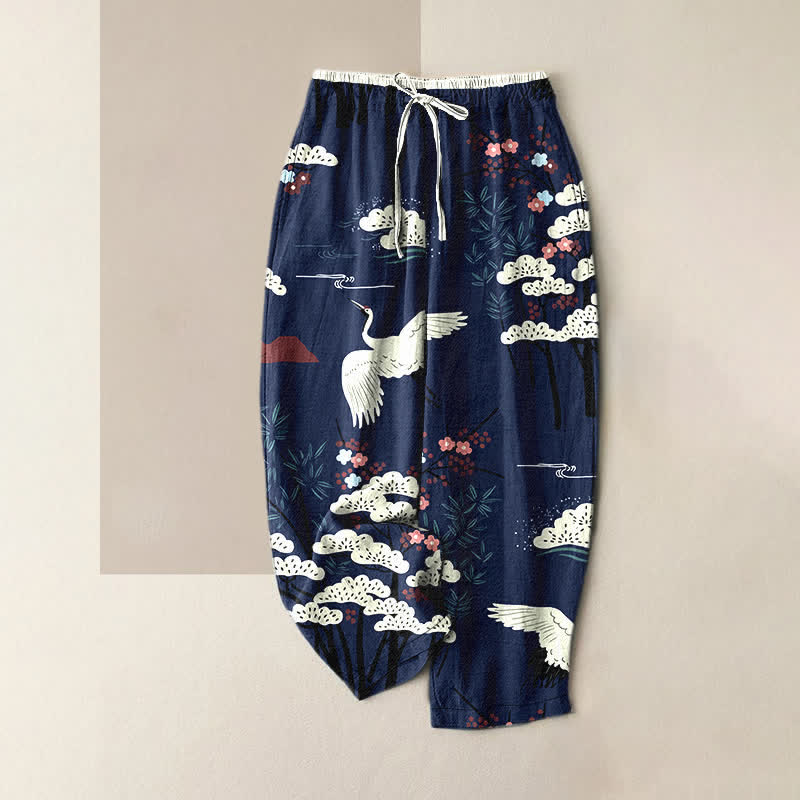 Buddha Stones Pantalon pour femme en pur coton, à taille élastique et poches, orné d'un motif de grues gracieuses et d'arbres blancs. - Marine - US16，UK/AU20，EU48 (3XL) - image 0