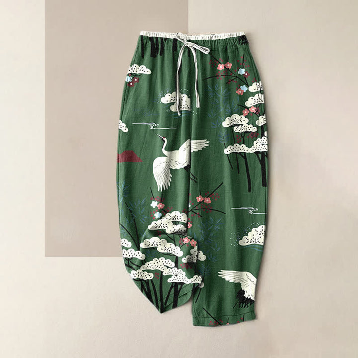 Buddha Stones Pantalon pour femme en pur coton, à taille élastique et poches, orné d'un motif de grues gracieuses et d'arbres blancs. - Vert forêt - US16，UK/AU20，EU48 (3XL) - image 4