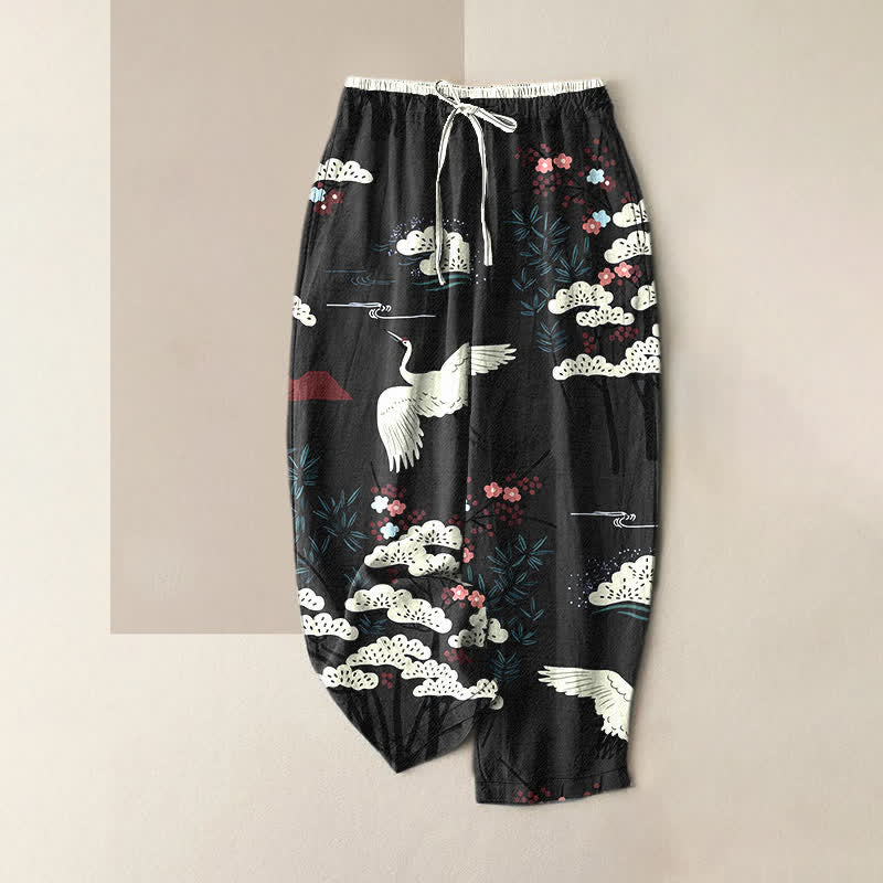 Buddha Stones Pantalon pour femme en pur coton, à taille élastique et poches, orné d'un motif de grues gracieuses et d'arbres blancs. - Noir - US16，UK/AU20，EU48 (3XL) - image 5