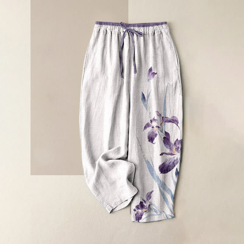 Buddha Stones Pantalon pour femme en pur coton à motif iris gracieux, taille élastique et poches - WhiteSmoke - US16，UK/AU20，EU48 (3XL) - image 0