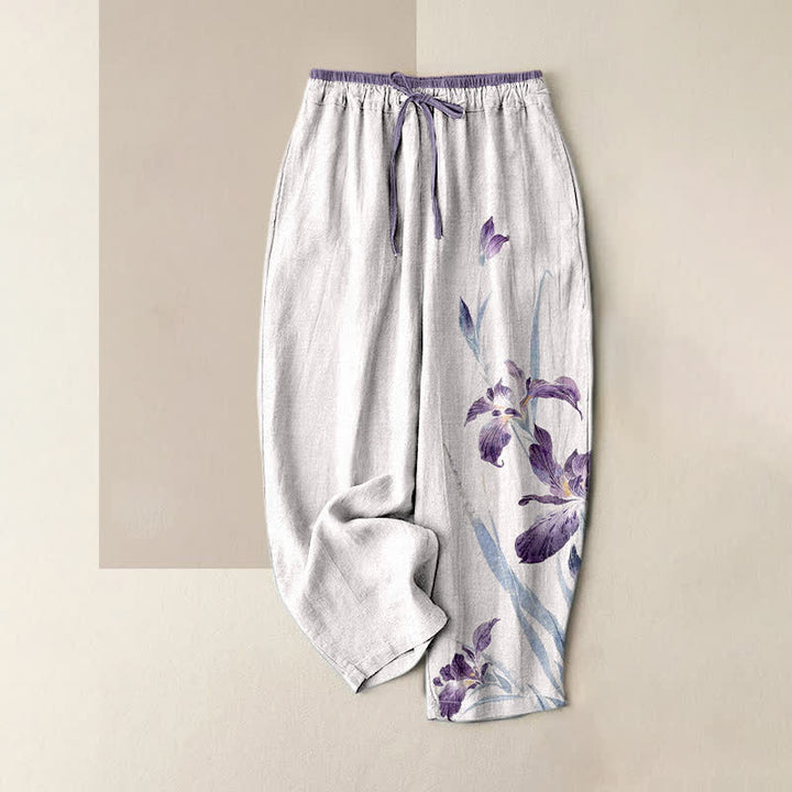 Buddha Stones Pantalon pour femme en pur coton à motif iris gracieux, taille élastique et poches - WhiteSmoke - US16，UK/AU20，EU48 (3XL) - image 0