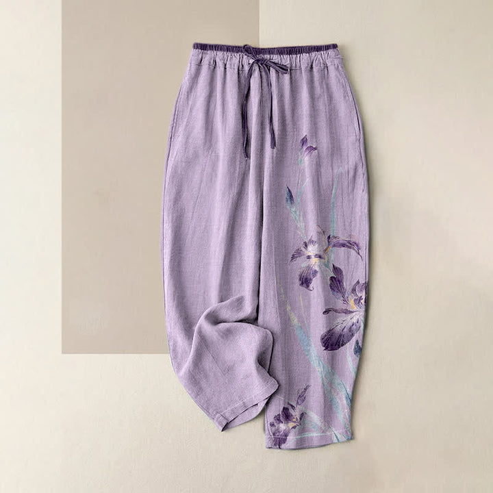Buddha Stones Pantalon pour femme en pur coton à motif iris gracieux, taille élastique et poches - Lavande - US16，UK/AU20，EU48 (3XL) - image 3