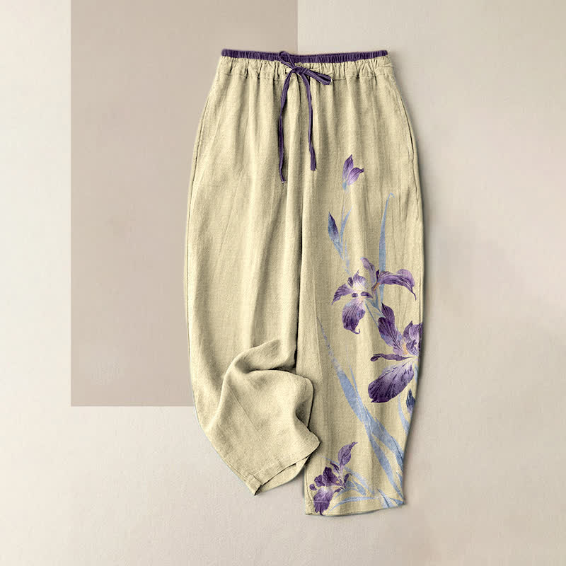 Buddha Stones Pantalon pour femme en pur coton à motif iris gracieux, taille élastique et poches - LemonChiffon - US16，UK/AU20，EU48 (3XL) - image 4