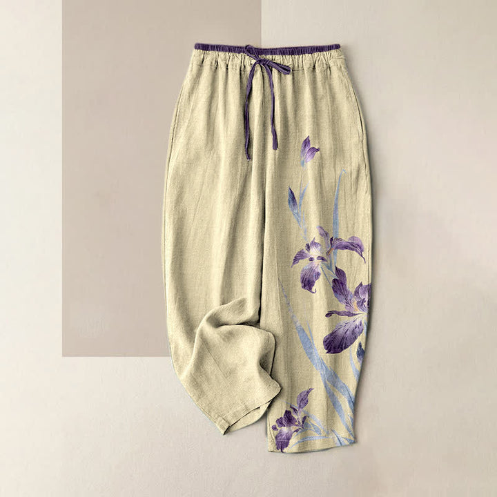 Buddha Stones Pantalon pour femme en pur coton à motif iris gracieux, taille élastique et poches - LemonChiffon - US16，UK/AU20，EU48 (3XL) - image 4