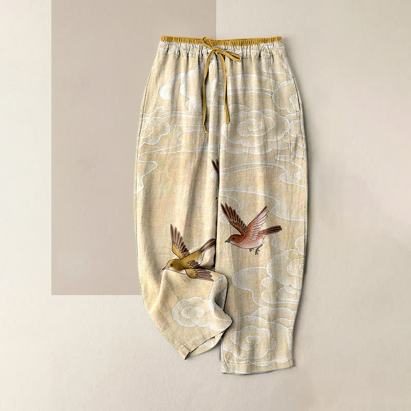 Buddha Stones Pantalon pour femme en pur coton avec taille élastique et poches, motif nuages ​​et oiseaux en vol - LemonChiffon - US16，UK/AU20，EU48 (3XL) - image 0