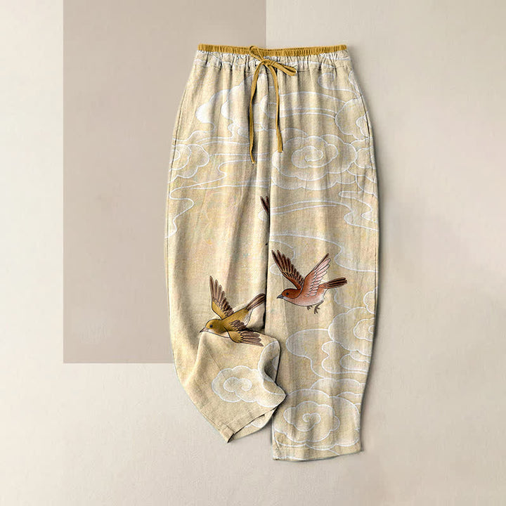 Buddha Stones Pantalon pour femme en pur coton avec taille élastique et poches, motif nuages ​​et oiseaux en vol - LemonChiffon - US16，UK/AU20，EU48 (3XL) - image 0