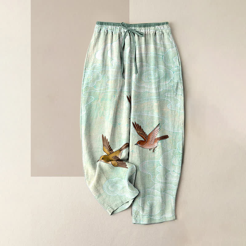 Buddha Stones Pantalon pour femme en pur coton avec taille élastique et poches, motif nuages ​​et oiseaux en vol - Turquoise pâle - US16，UK/AU20，EU48 (3XL) - image 3