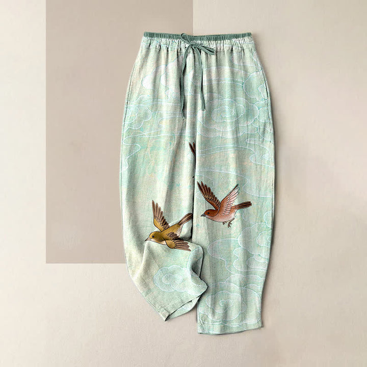 Buddha Stones Pantalon pour femme en pur coton avec taille élastique et poches, motif nuages ​​et oiseaux en vol - Turquoise pâle - US16，UK/AU20，EU48 (3XL) - image 3