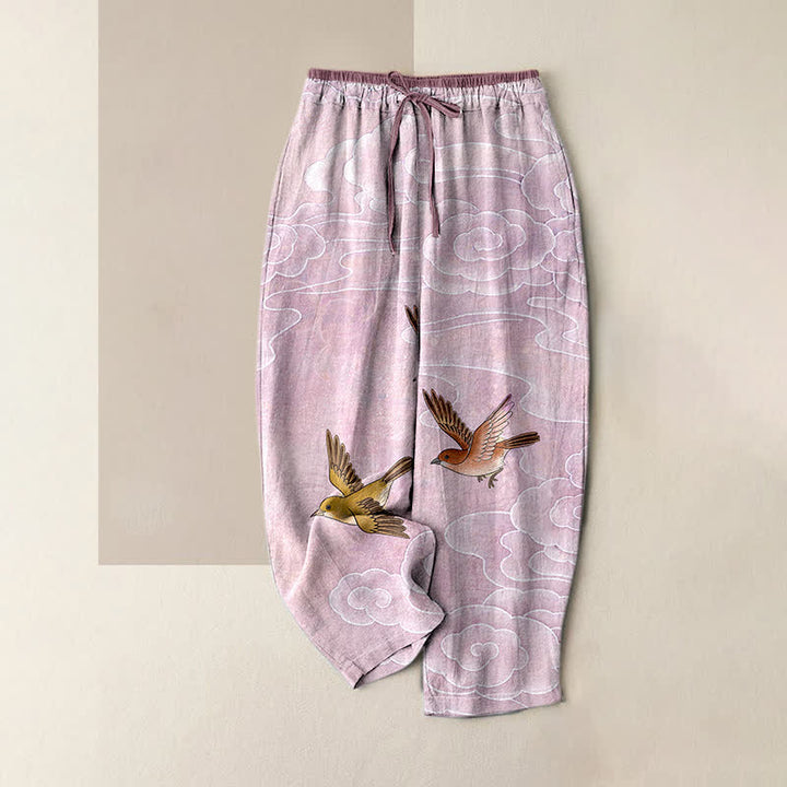 Buddha Stones Pantalon pour femme en pur coton avec taille élastique et poches, motif nuages ​​et oiseaux en vol - Prune - US16，UK/AU20，EU48 (3XL) - image 4