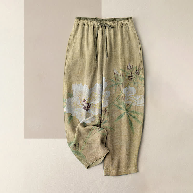 Buddha Stones Pantalon pour femme en pur coton blanc à motif floral et feuilles, taille élastique et poches - Kaki foncé - US16，UK/AU20，EU48 (3XL) - image 0