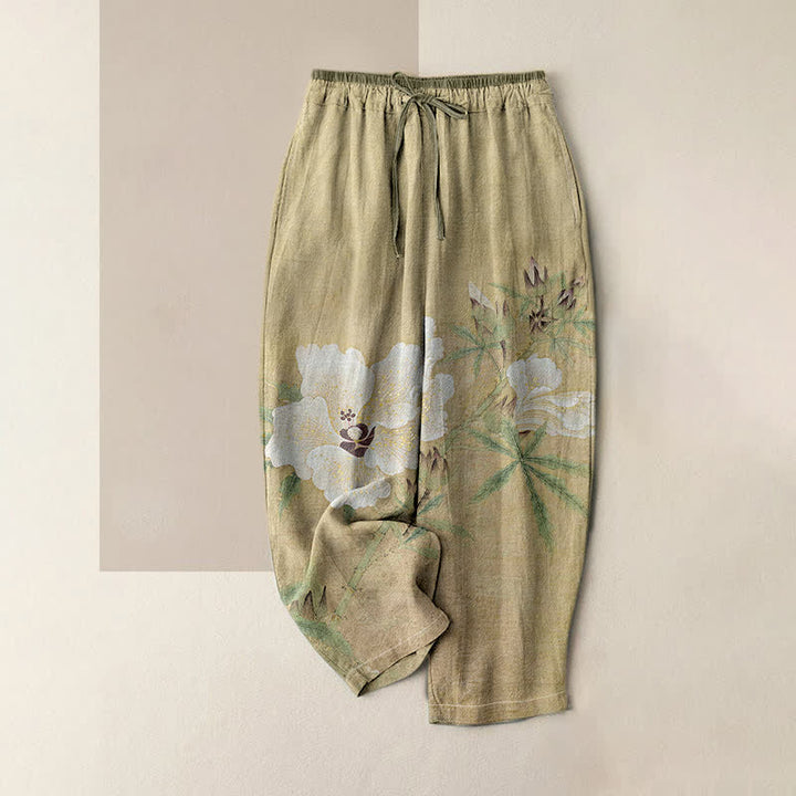 Buddha Stones Pantalon pour femme en pur coton blanc à motif floral et feuilles, taille élastique et poches - Kaki foncé - US16，UK/AU20，EU48 (3XL) - image 0