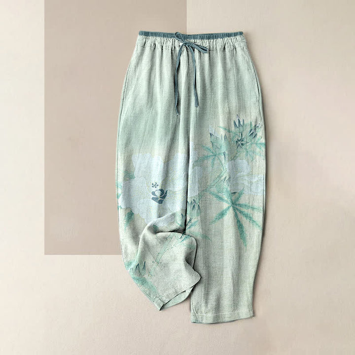 Buddha Stones Pantalon pour femme en pur coton blanc à motif floral et feuilles, taille élastique et poches - Cyan clair - US16，UK/AU20，EU48 (3XL) - image 3