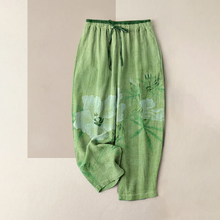 Buddha Stones Pantalon pour femme en pur coton blanc à motif floral et feuilles, taille élastique et poches - Vert clair - US16，UK/AU20，EU48 (3XL) - image 4