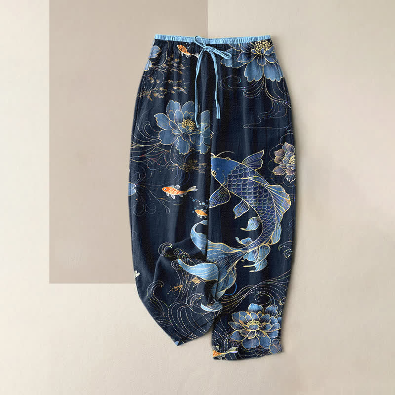 Buddha Stones Pantalon pour femme en pur coton, motif carpes koï et lotus, taille élastique et poches - Marine - US16，UK/AU20，EU48 (3XL) - image 0