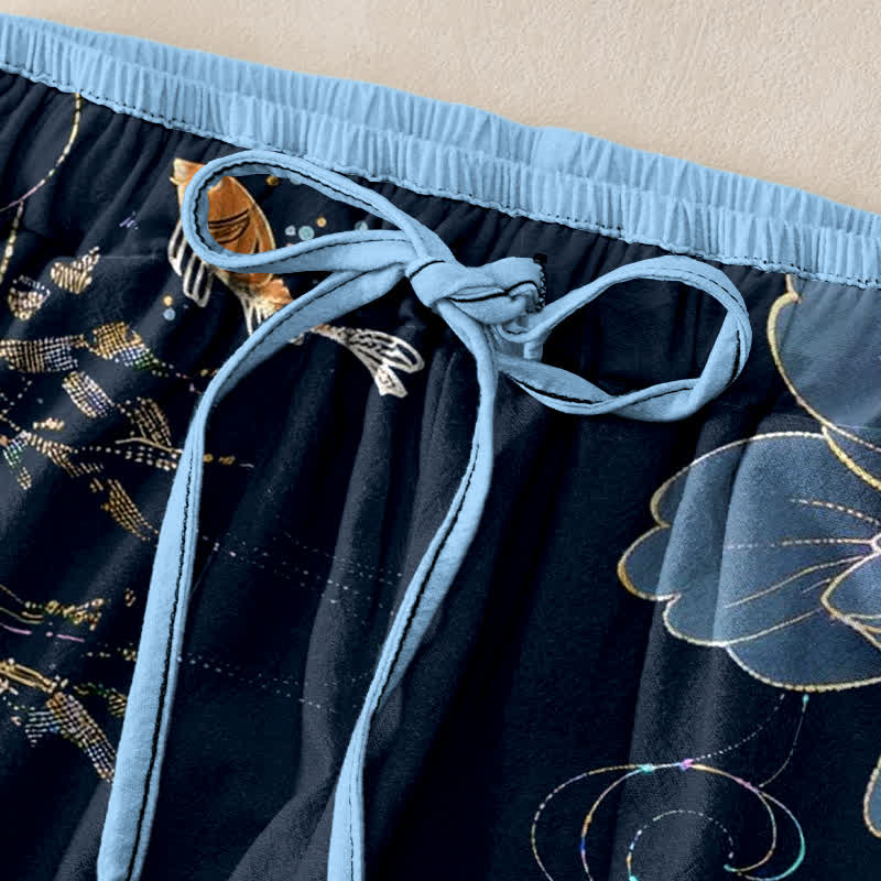Buddha Stones Pantalon pour femme en pur coton, motif carpes koï et lotus, taille élastique et poches - image 1