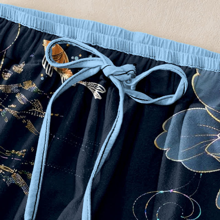 Buddha Stones Pantalon pour femme en pur coton, motif carpes koï et lotus, taille élastique et poches - image 1