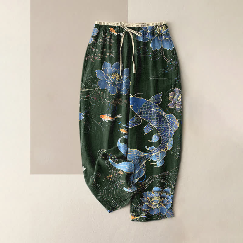 Buddha Stones Pantalon pour femme en pur coton, motif carpes koï et lotus, taille élastique et poches - Vert foncé - US16，UK/AU20，EU48 (3XL) - image 4