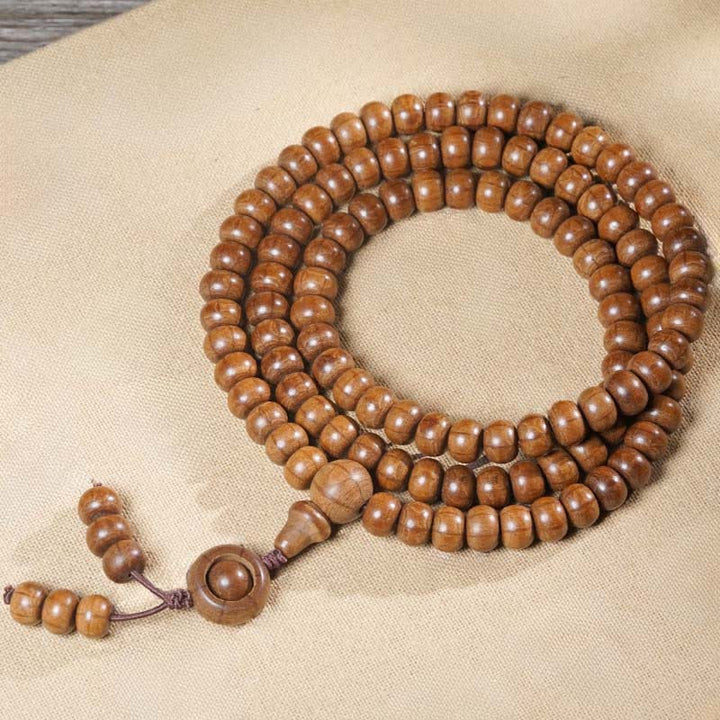 Buddha Stones Mala de protection en bois d'Abelia Biflora naturelle, 108 perles - 6*8 mm - image 3