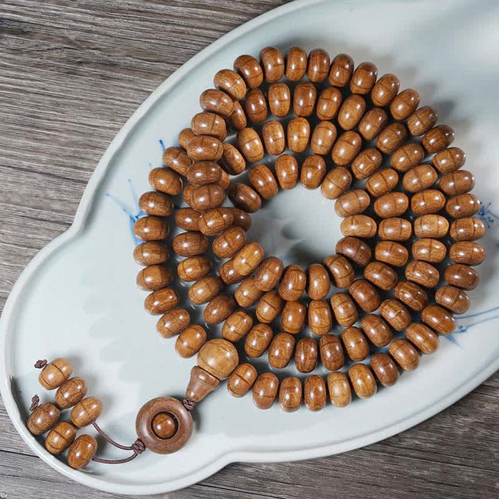Buddha Stones Mala de protection en bois d'Abelia Biflora naturelle, 108 perles - 8*12 mm - image 0