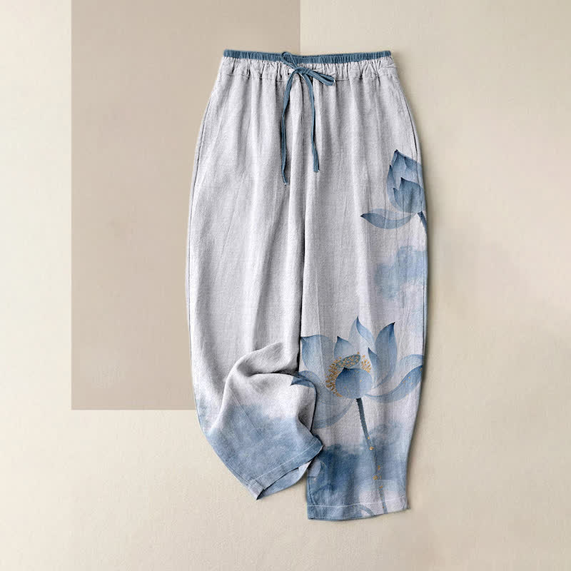 Buddha Stones Pantalon pour femme en pur coton à motif lotus et taille élastique avec poches - Bleu clair - US16，UK/AU20，EU48 (3XL) - image 0