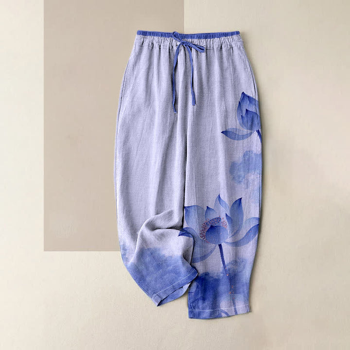 Buddha Stones Pantalon pour femme en pur coton à motif lotus et taille élastique avec poches - Bleu ardoise moyen - US16，UK/AU20，EU48 (3XL) - image 3