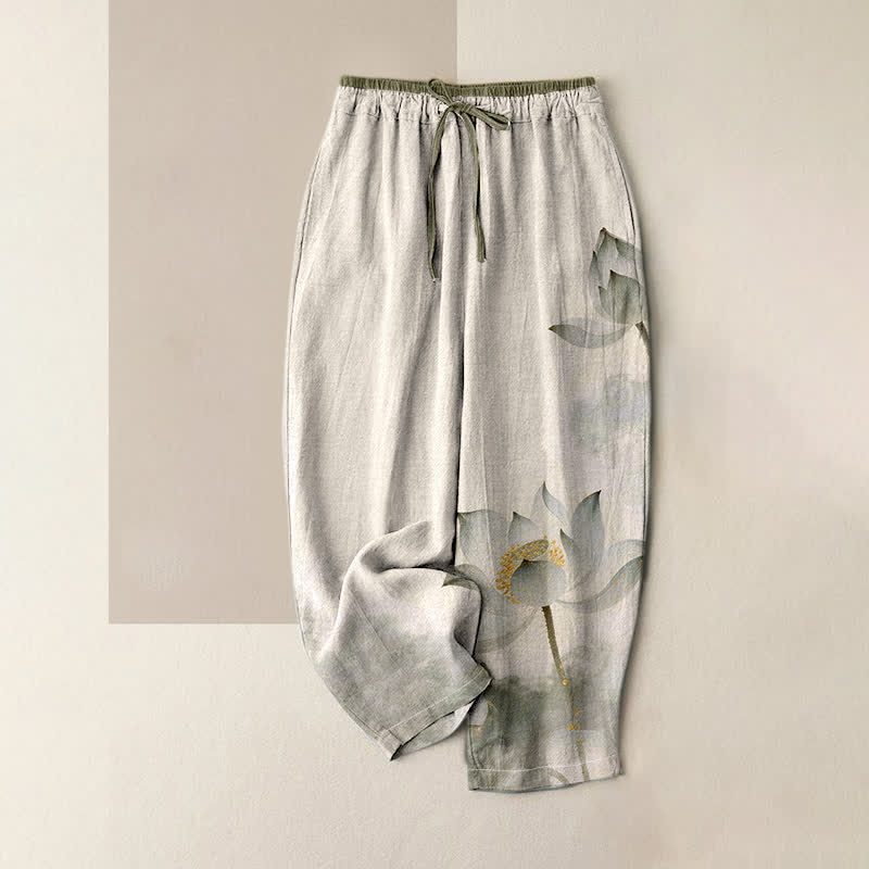 Buddha Stones Pantalon pour femme en pur coton à motif lotus et taille élastique avec poches - Lin - US16，UK/AU20，EU48 (3XL) - image 4