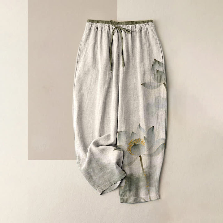 Buddha Stones Pantalon pour femme en pur coton à motif lotus et taille élastique avec poches - Lin - US16，UK/AU20，EU48 (3XL) - image 4
