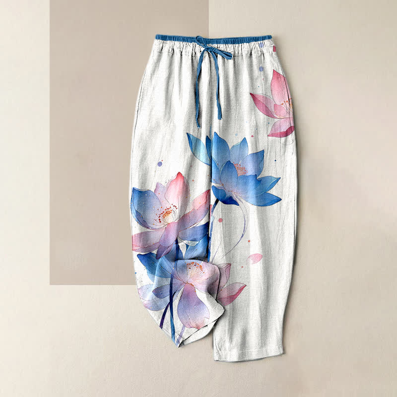 Buddha Stones Pantalon pour femme en pur coton à motif lotus aquarelle, taille élastique et poches - Blanc - US16，UK/AU20，EU48 (3XL) - image 0