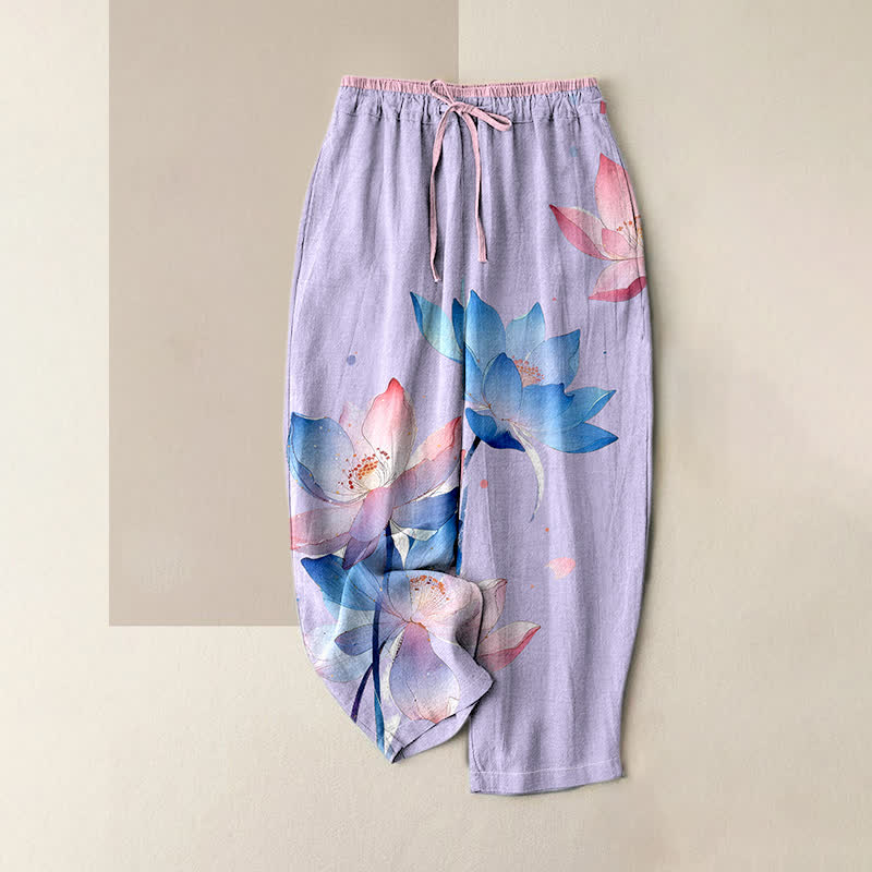 Buddha Stones Pantalon pour femme en pur coton à motif lotus aquarelle, taille élastique et poches - Lavande - US16，UK/AU20，EU48 (3XL) - image 3