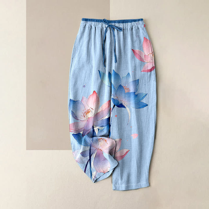 Buddha Stones Pantalon pour femme en pur coton à motif lotus aquarelle, taille élastique et poches - Bleu clair - US16，UK/AU20，EU48 (3XL) - image 4