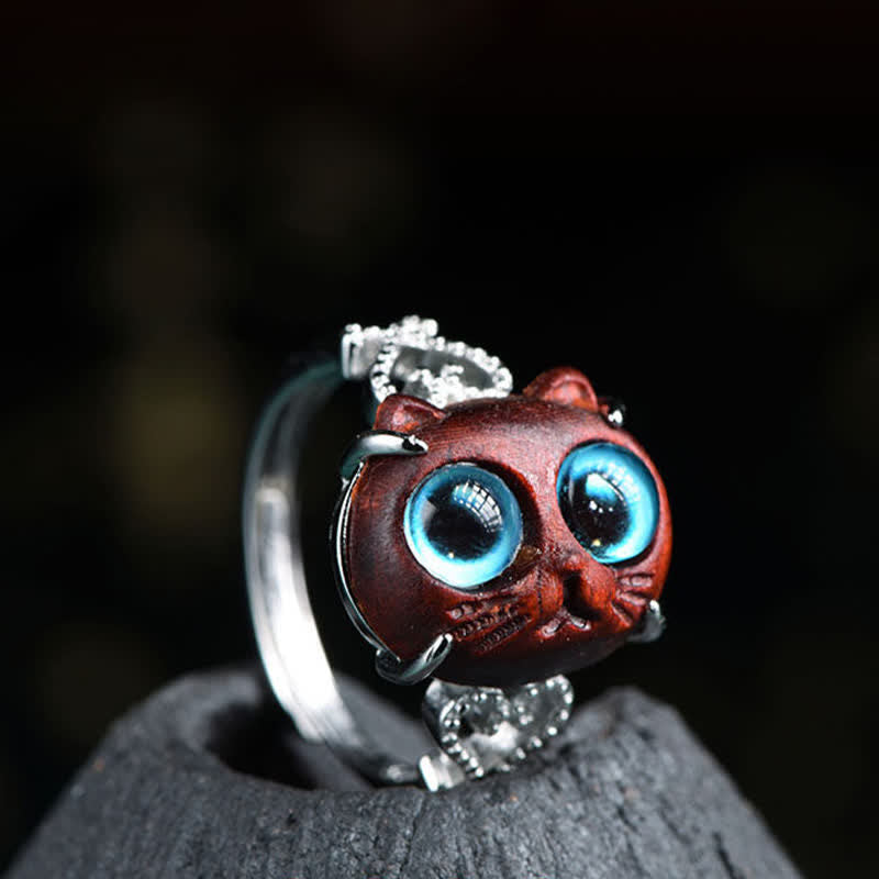 Buddha Stones Bague ajustable pour chat en bois de santal rouge à petites feuilles, symbole de longévité - image 1